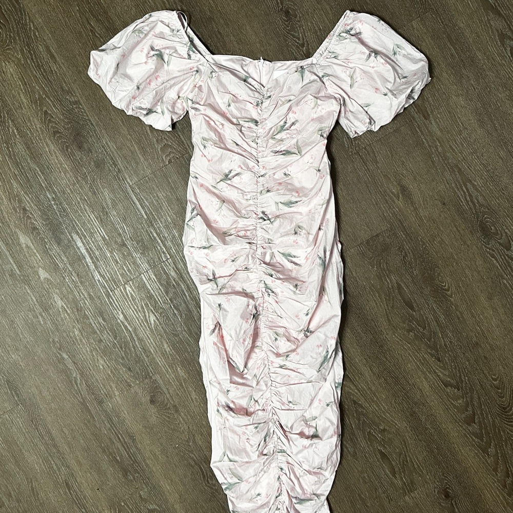 Mable Blush Pink flirty feminine floral rusched dress size Large L new - Picture 13 of 14